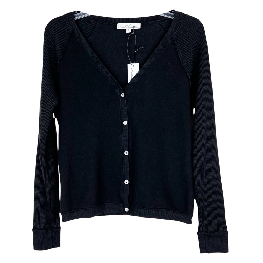 Red Haute Revolve Loungewear Jersey & Waffle Knit Sleeves V-Neck Button Cardigan